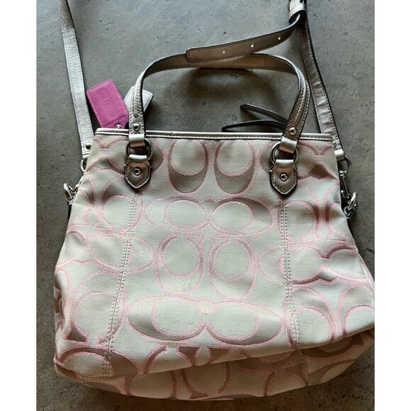 Coach Daisy Signature Metallic Outline Tote Shoulder Bag Hobo Purse Sateen PINK - Picture 15 of 16